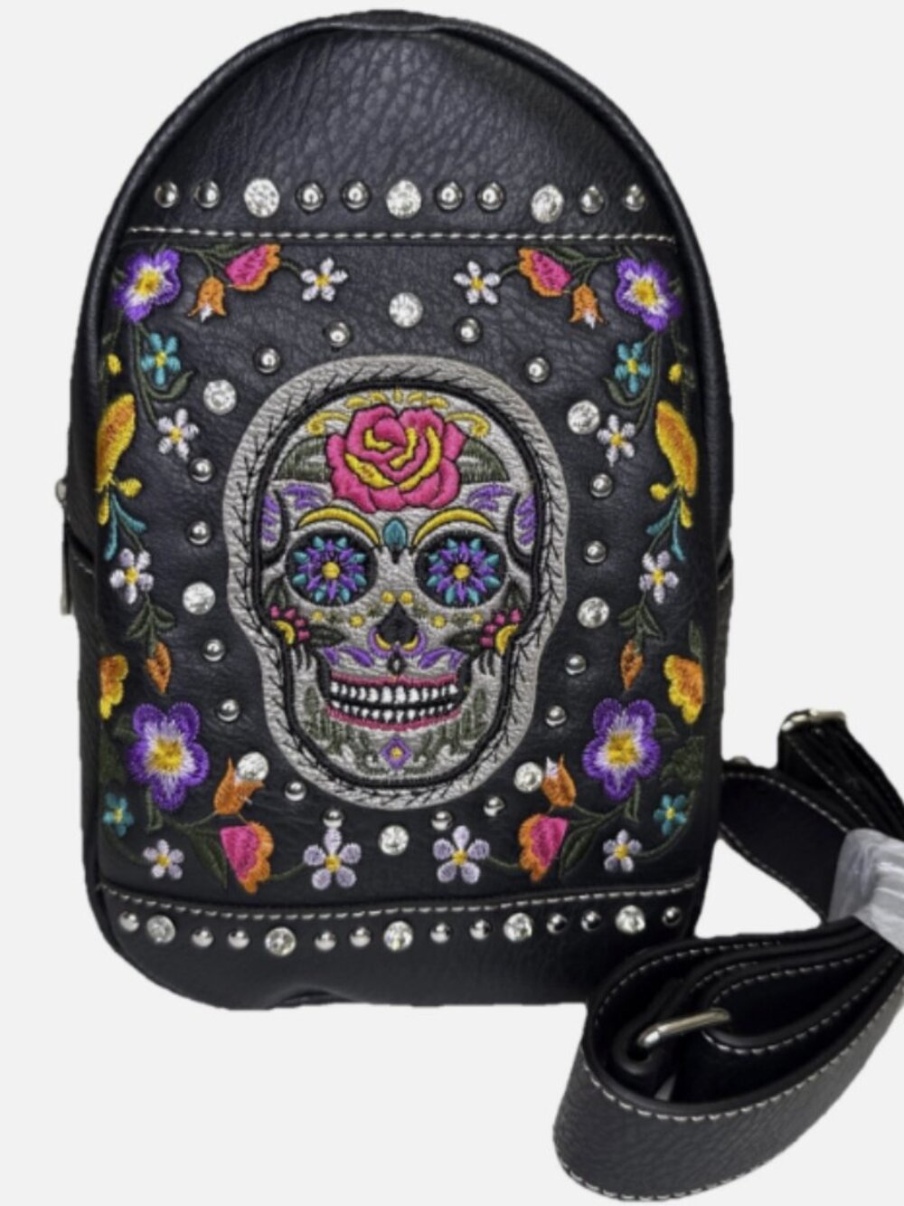 Sugar Skull Embroidered Studded Mini Backpack Sling Bag Black NWT